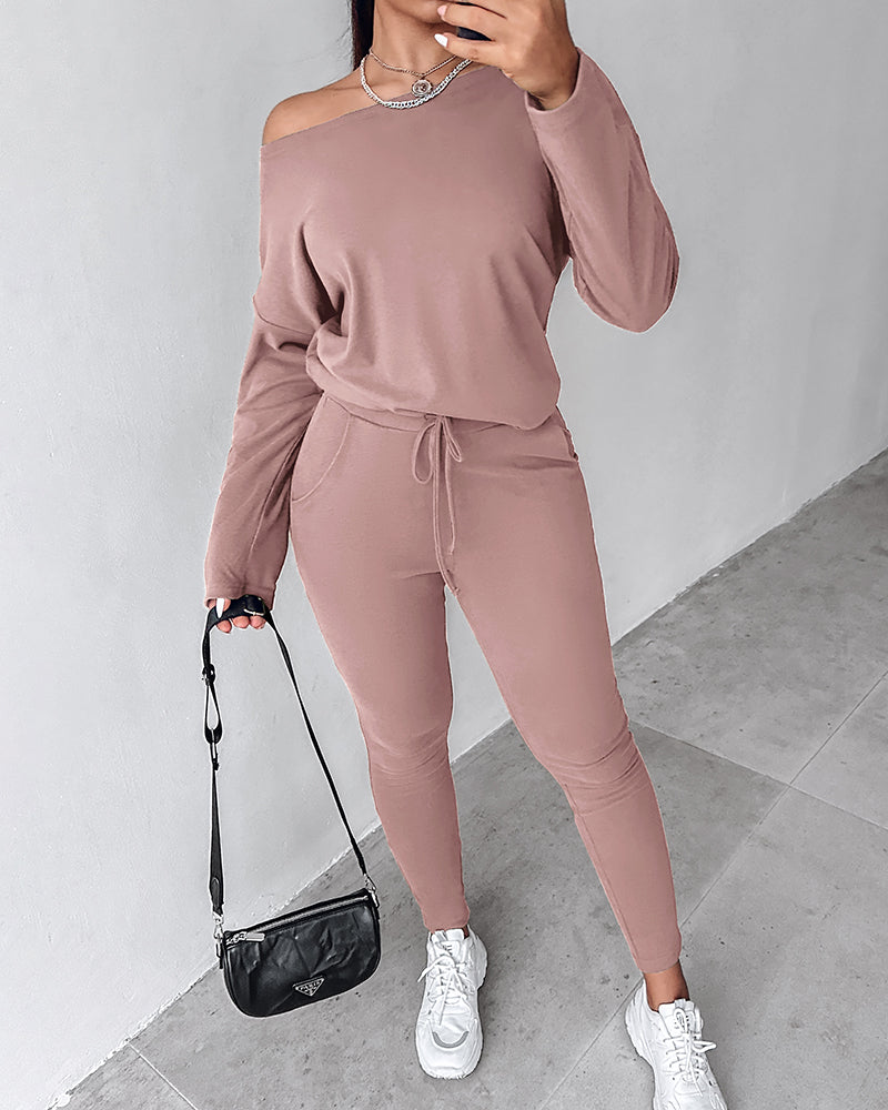 2-Piece Asymmetrical Neck Sweater and Drawstring Slim-Fit Pants Set