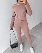 2-Piece Asymmetrical Neck Sweater and Drawstring Slim-Fit Pants Set