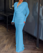 Padded Shoulder Cowl Neck Ruched Backless Maxi Dress