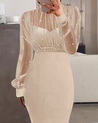 Mock Neck Beaded Mesh Bodycon Dress with Rear Zipper