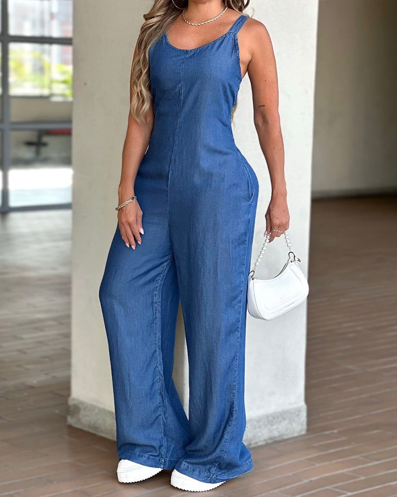 V-Neck Spaghetti Strap Jumpsuit with Pockets and Wide Legs