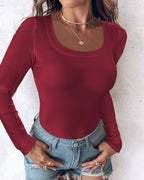 U-Neck Long Sleeve Ribbed Top with Built-In Bra