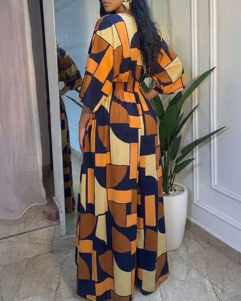 Geometric Colorblock V-Neck Batwing Waist-Cinched Jumpsuit