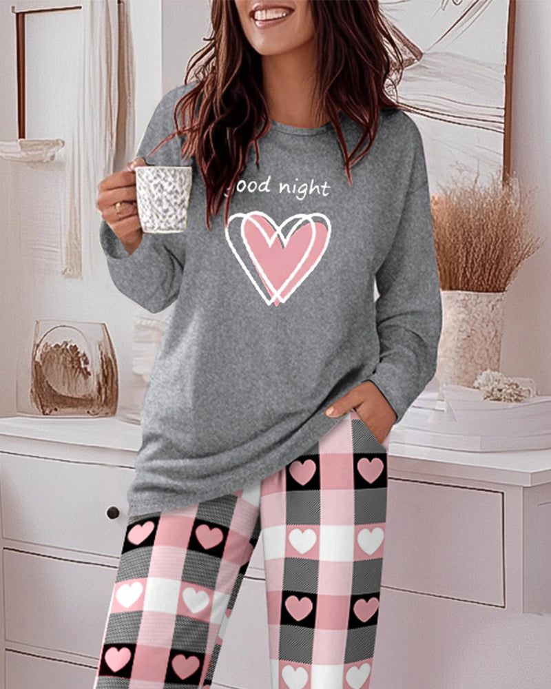 "Sweet Dreams" Heart Print Top with Plaid Pajamas, 2-Piece Set