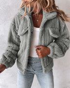 Striped Teddy Fleece Jacket with Buttons and Flap Pockets