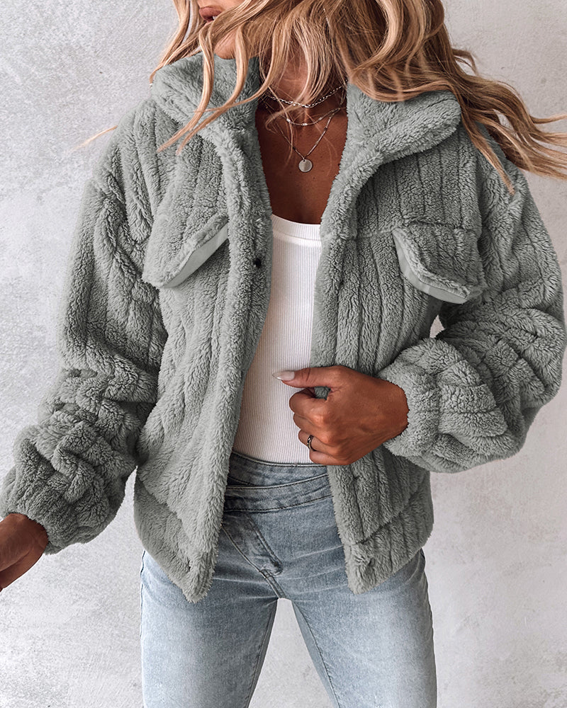 Striped Teddy Fleece Jacket with Buttons and Flap Pockets