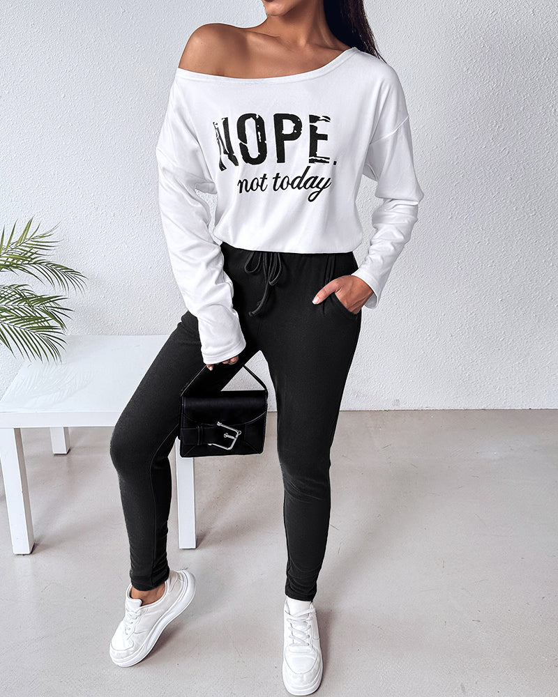 "Nope. Not Today" Asymmetric Neckline Top and Fitted Pants Set