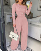 Pearl-Adorned Asymmetrical Neck Ruched Jumpsuit with Cinched Waist