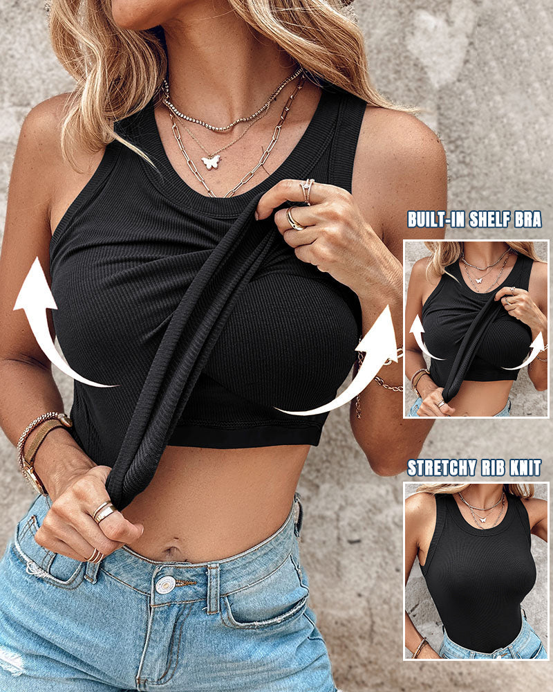 Round Neck Ribbed Tank Top with Integrated Bra
