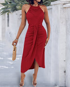 Ruched Halter Dress with Lace Yoke and Adjustable Neckline