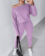 2-Piece Asymmetrical Neck Sweater and Drawstring Slim-Fit Pants Set
