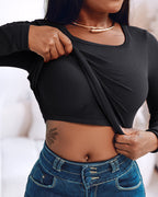 U-Neck Long-Sleeve Tee with Integrated Bra: High-Stretch Knit Top