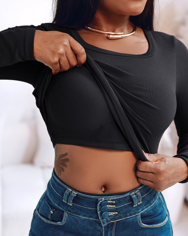 Built-In Bra U-Neck Tee Long Sleeve Stretchy Knit Top