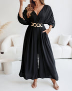 Deep V-Neck Jumpsuit with Ruched Sleeves and Waist Ties