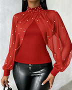 Pearl-Embellished High Neck Chiffon Tee with Draped Cape Sleeves
