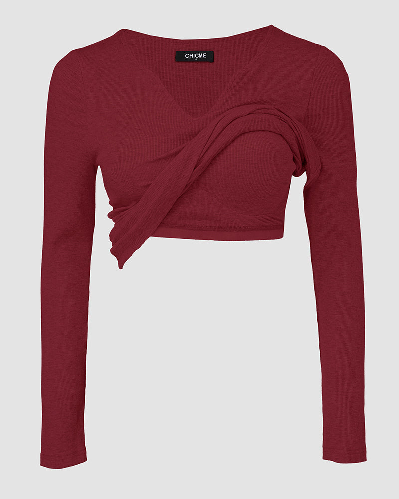 Rib Knit Notch Neck Long Sleeve Top with Built-In Bra