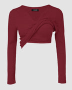 Rib Knit Notch Neck Long Sleeve Top with Built-In Bra