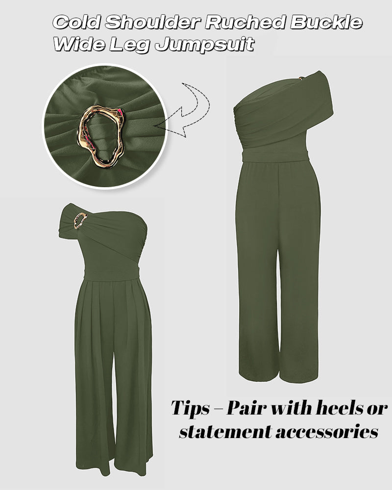 Buckled Cold Shoulder Ruched Wide-Leg Fashion Jumpsuit