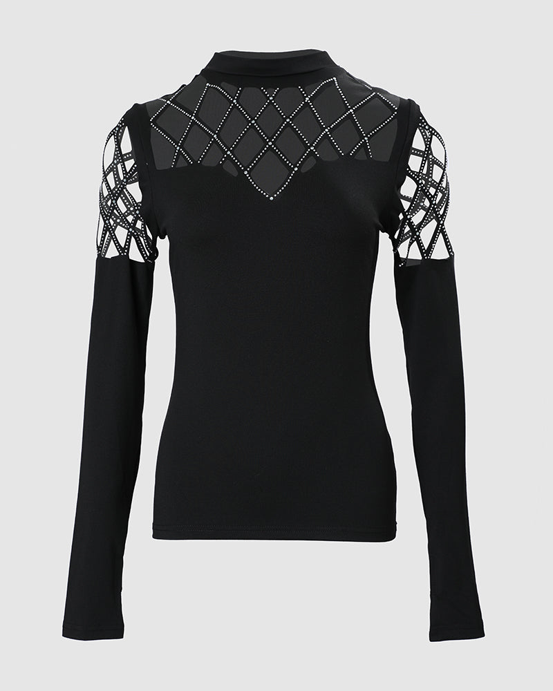 Hollow Rhinestone Cold Shoulder Long-Sleeve Casual T-Shirt
