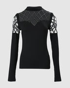 Hollow Rhinestone Cold Shoulder Long-Sleeve Casual T-Shirt