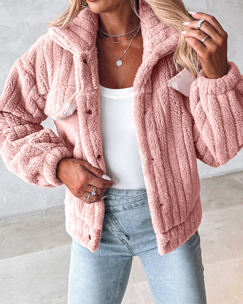 Striped Teddy Fleece Jacket with Buttons and Flap Pockets