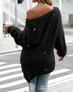 V-Neck Long Sleeve Tassel Fringe Pullover Sweater for Fall/Winter