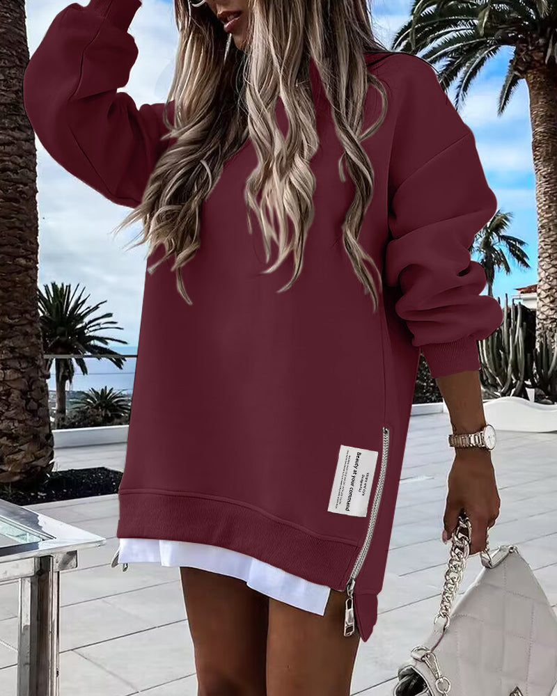 Drop Shoulder Zip-Side Long Sleeve Pullover with Slit Detail.