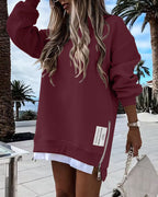 Drop Shoulder Zip-Side Long Sleeve Pullover with Slit Detail.