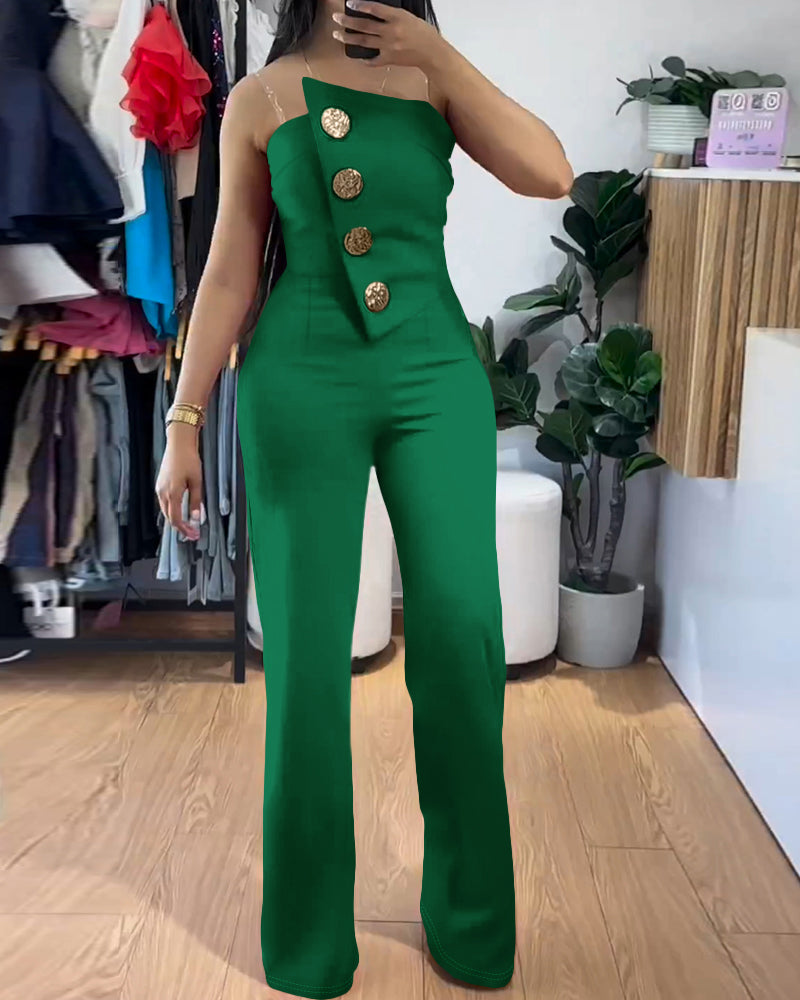 Asymmetrical Strapless Overalls with Metal Button Accents