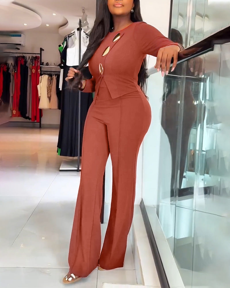 Golden Button Front Overalls with Zip-Back Two-Piece Jumpsuit
