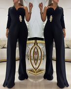 One-Shoulder Rhinestone Jumpsuit with Long Sleeve and Flared Leg