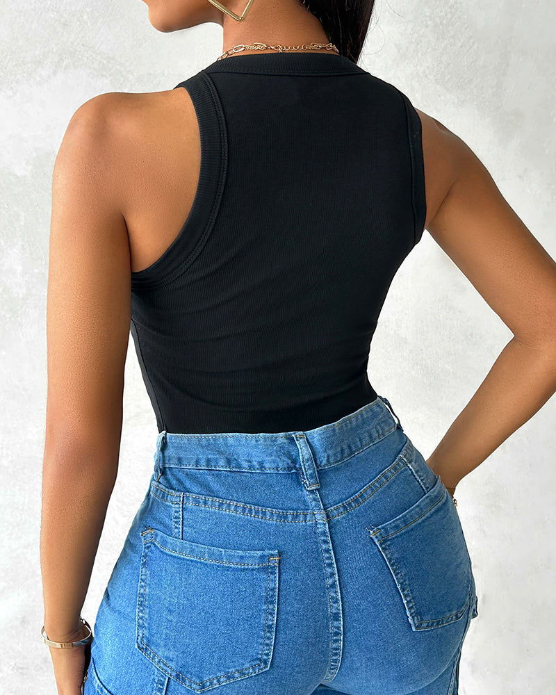 Round Neck Ribbed Tank Top with Integrated Bra