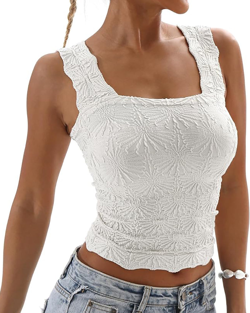 Floral Jacquard Square Neck Crop Top with Thick Straps