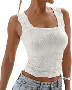 Floral Jacquard Square Neck Crop Top with Thick Straps