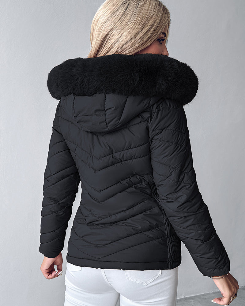 Fuzzy Trim Hooded Puffer Jacket with Shirred Zipper Pockets