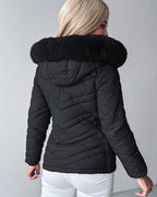 Fuzzy Trim Hooded Puffer Jacket with Shirred Zipper Pockets