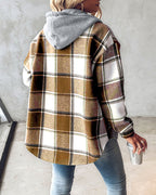 Hooded Plaid Shacket with Long Sleeves and Fleece Lining