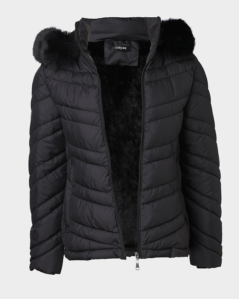 Fuzzy Trim Hooded Puffer Jacket with Shirred Zipper Pockets