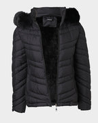 Fuzzy Trim Hooded Puffer Jacket with Shirred Zipper Pockets