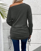 Long Sleeve Skew Neck Top with Drawstring Side Detail