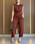 Padded Shoulder Sleeveless Jumpsuit with Cinched Waist and Side Slit