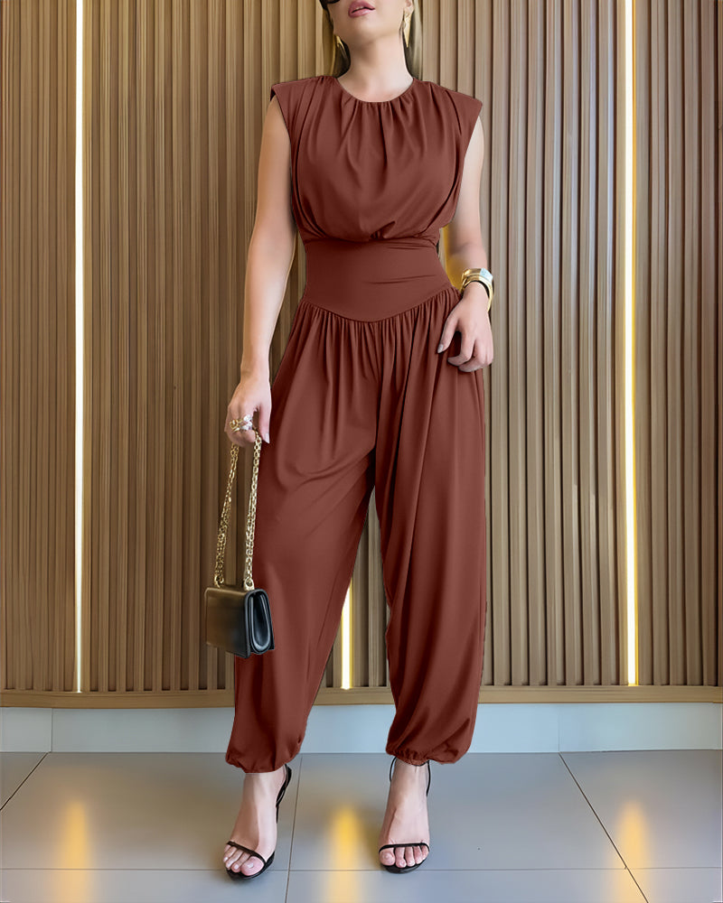 Padded Shoulder Sleeveless Jumpsuit with Cinched Waist and Side Slit