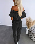 Off-Shoulder Frill Trim Textured Jumpsuit with Tie Waist