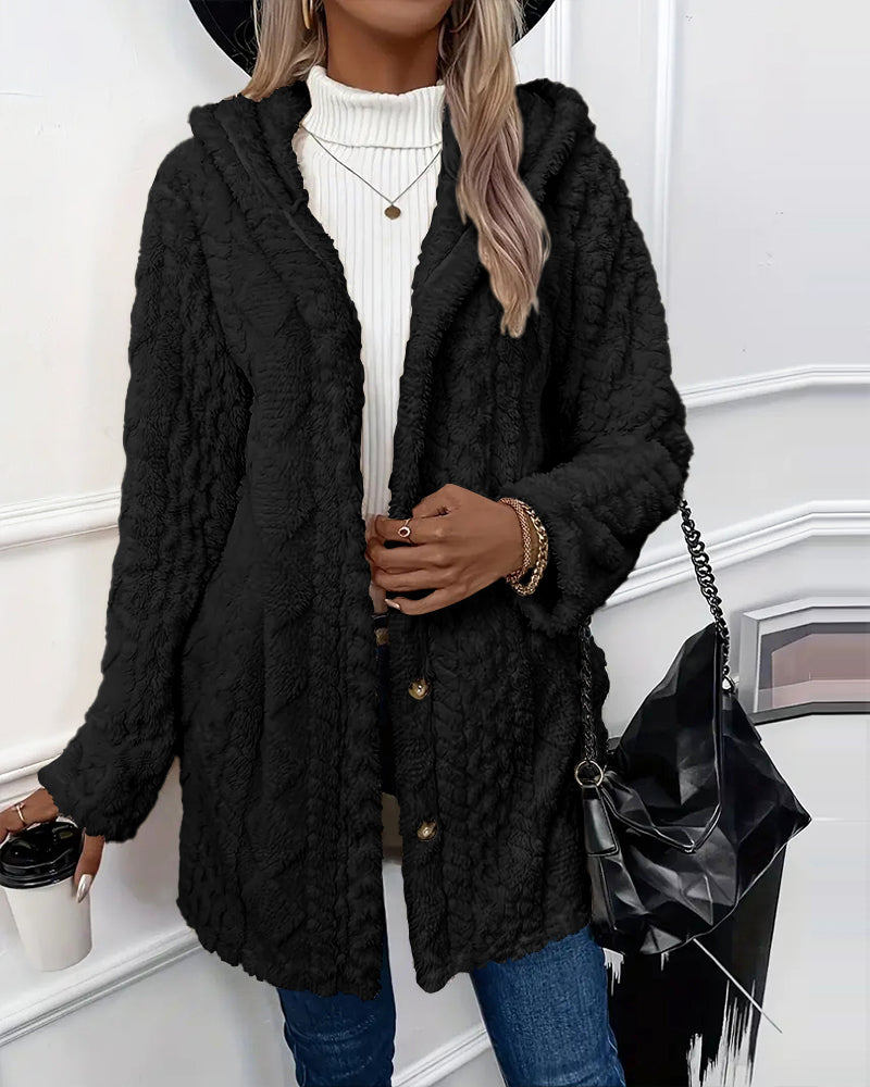 Argyle Hooded Teddy Coat with Buttoned Slits