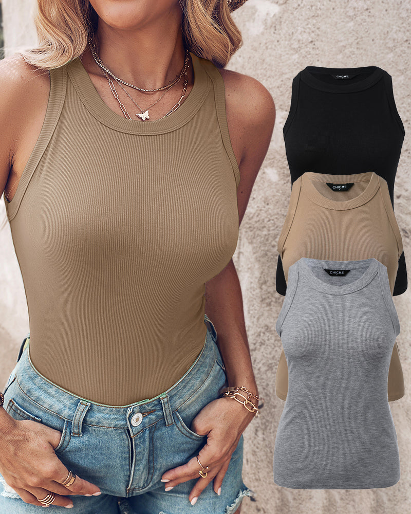 3-Pack Knit Racerback Tank Tops, Round Neck, Thick Straps