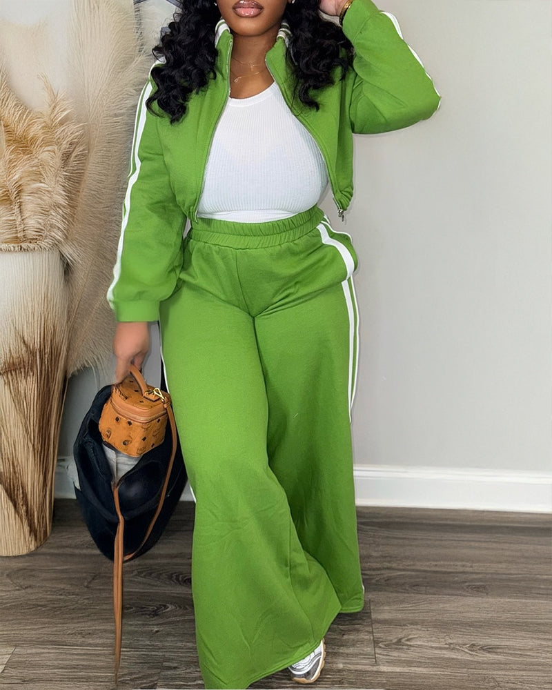 Zip Crop Jacket and Wide-Leg Pants 2-Piece Ensemble