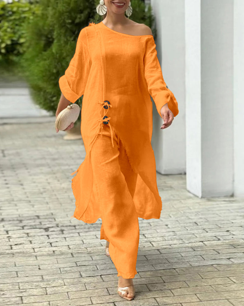 One-Shoulder Top with Coordinating Wide-Leg Pants Set