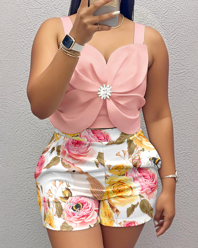 2-Piece Rhinestone Cami Crop and Animal Floral Print Shorts Set