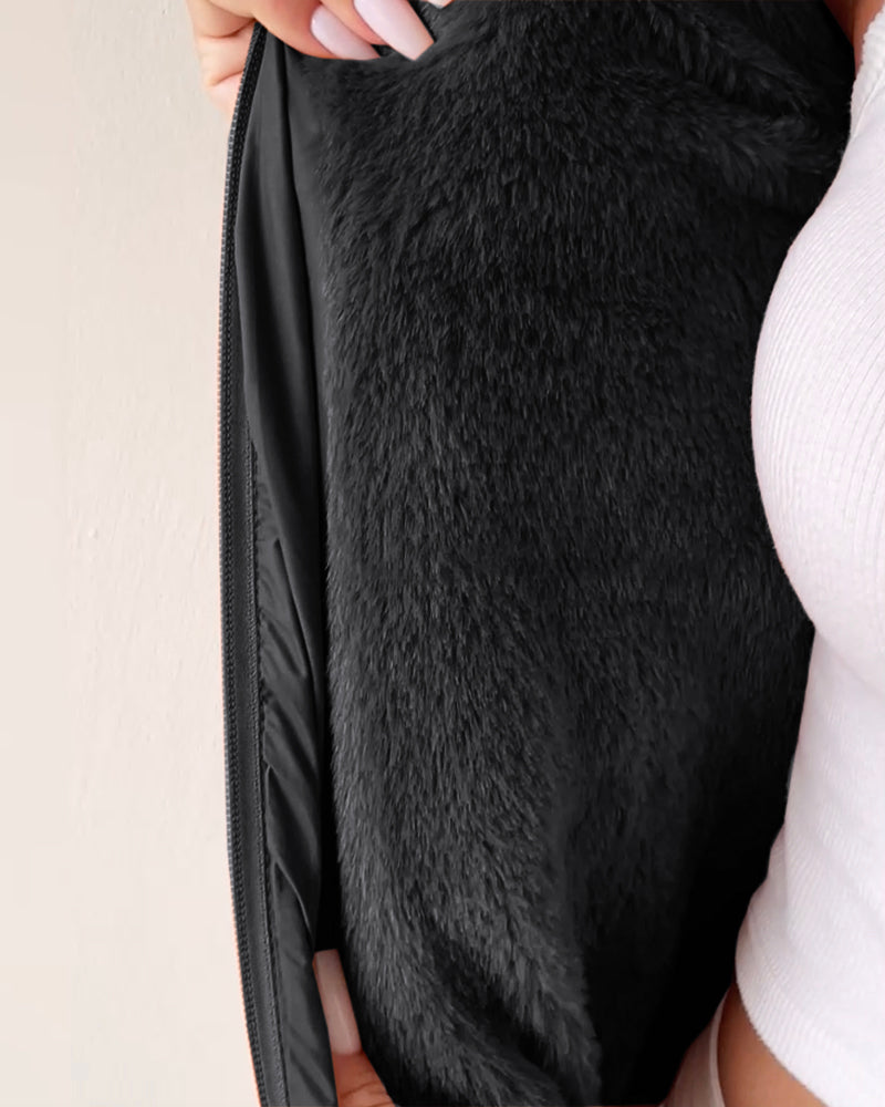 Fuzzy Trim Hooded Puffer Jacket with Shirred Zipper Pockets