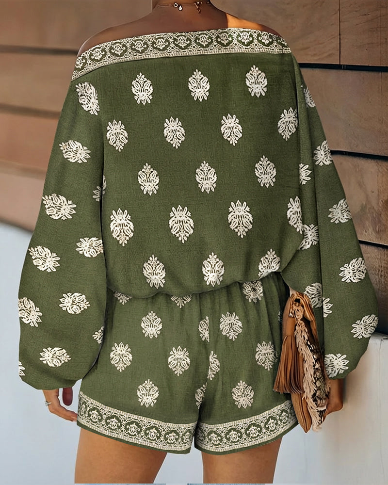 2-Piece Boho Set: Lantern Sleeve Top and Shorts Outfit